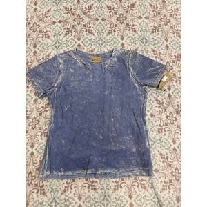 The Nu Vintage Blue AcidWash Metallic Foil Distressed V-Neck T-Shirt Women Small